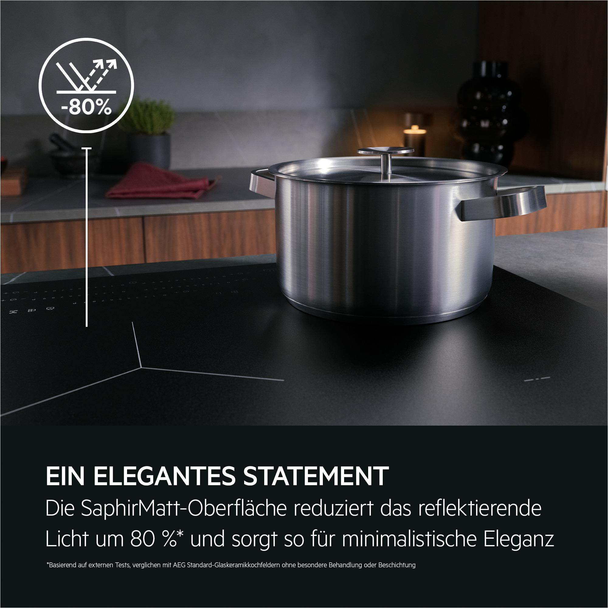 Ein Topf auf einem Herd mit deutschem Text über das Produkt.