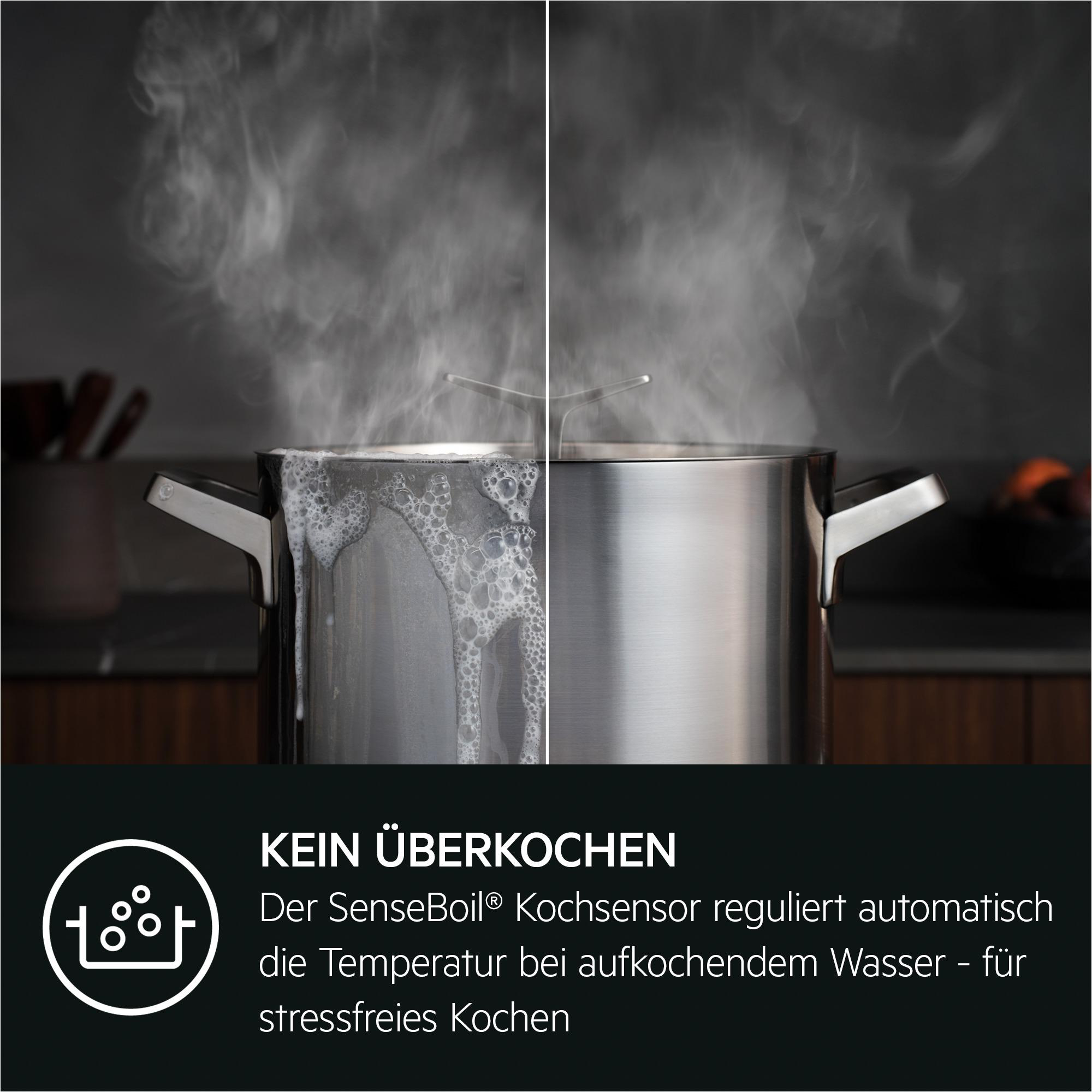 Ein Topf mit Dampf auf einem Herd mit deutschem Text.