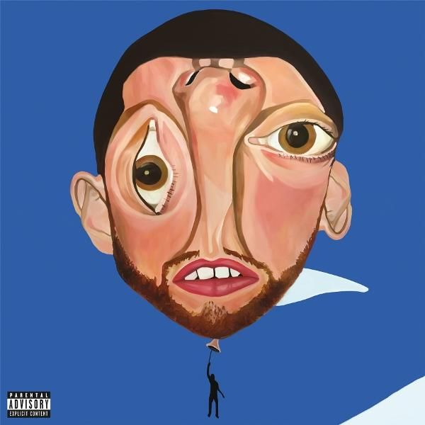Albumcover. Auf dem Kopf stehendes Gesicht, blauer Hintergrund, Ballon haltend. Parental Advisory Label.