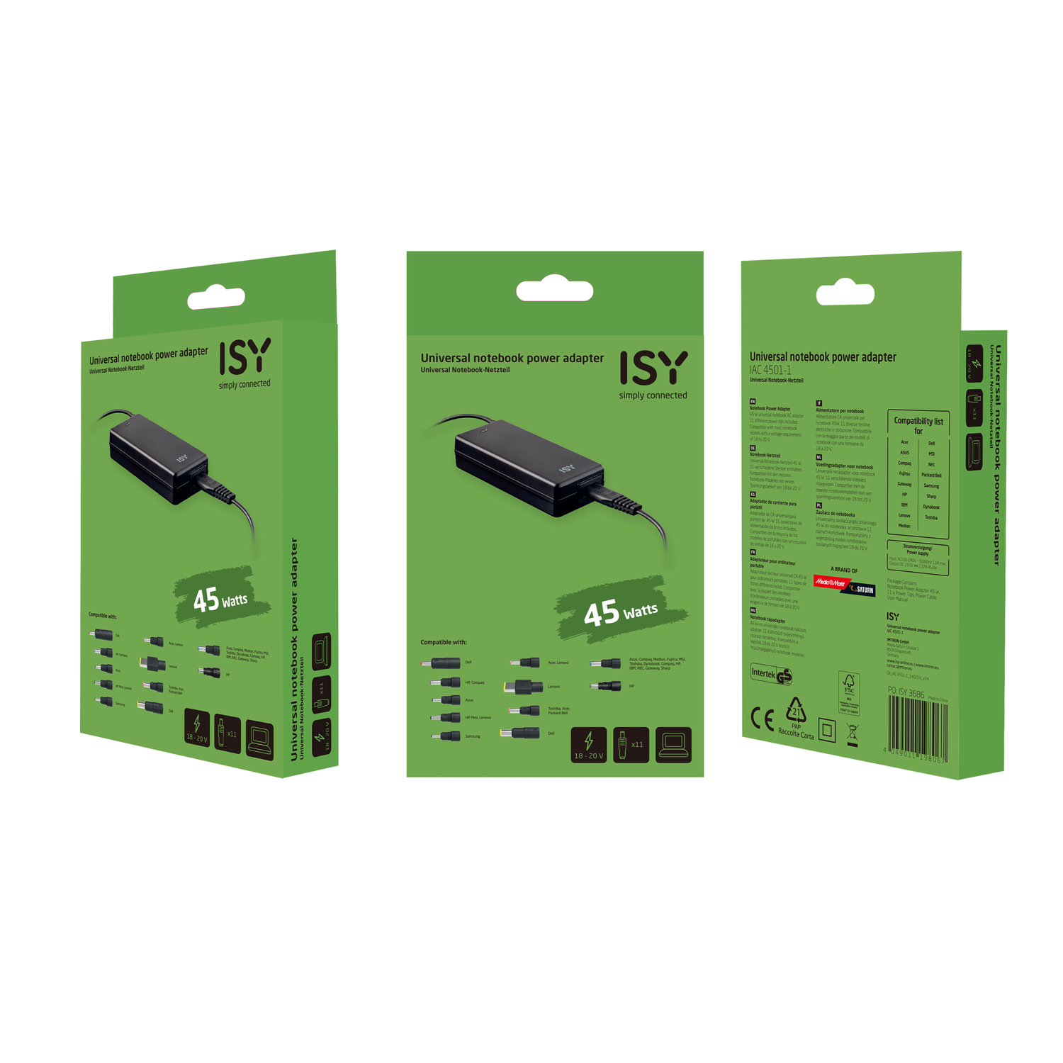 Three views of a universal notebook power adapter in a green box. White background.