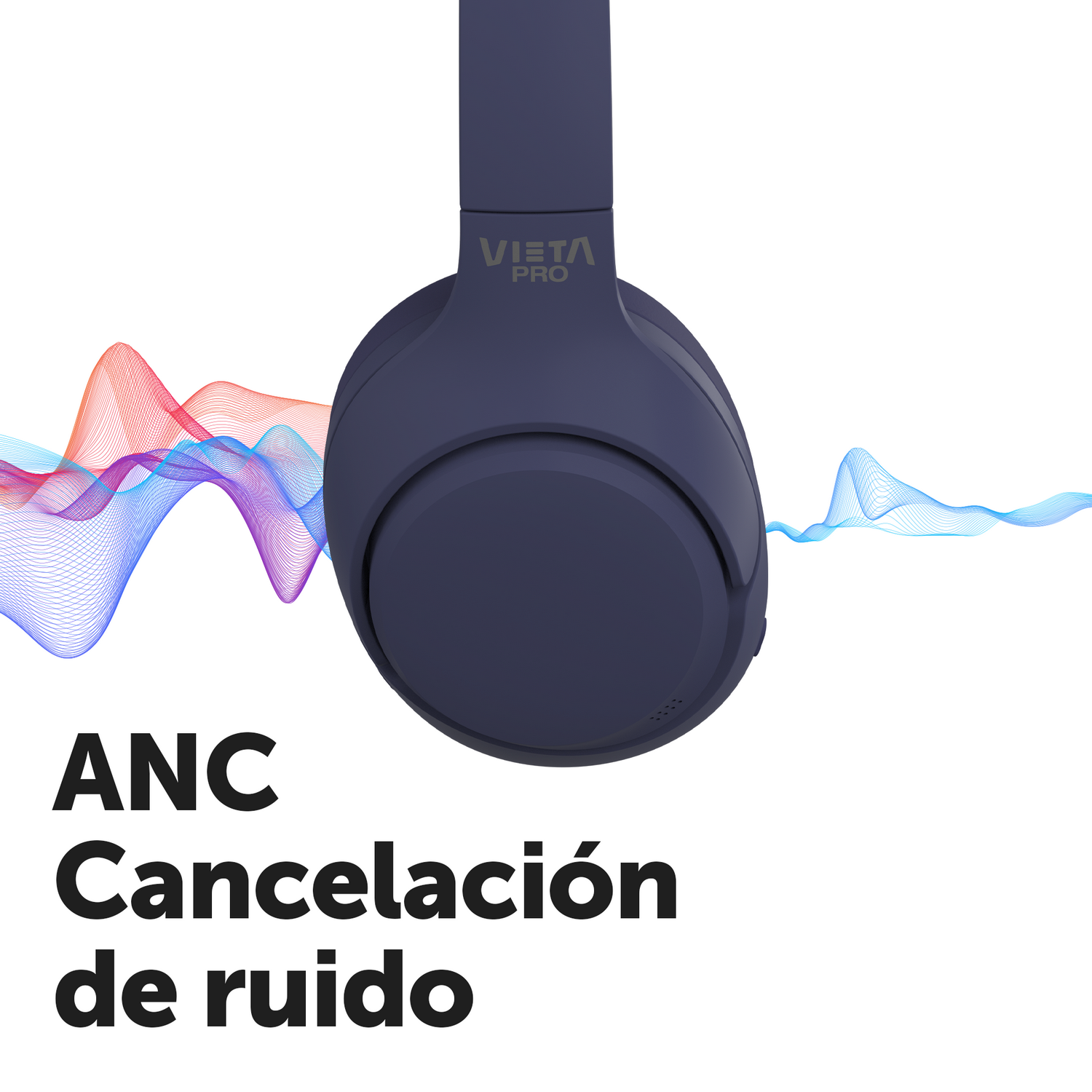 Auriculares, azul oscuro. El texto dice ANC, Cancelación de ruido. Fondo blanco.