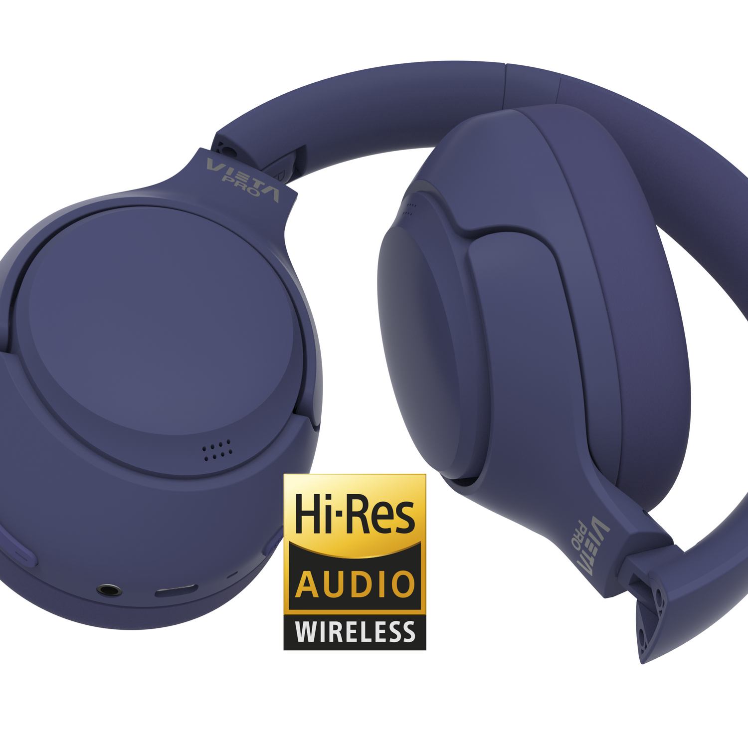 Auriculares de diadema azul marino con logotipo Hi-Res AUDIO WIRELESS.
