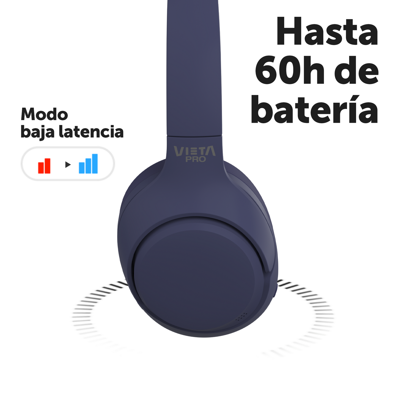 Auriculares azul oscuro. El texto dice 'Hasta 60h de batería'. Fondo blanco.