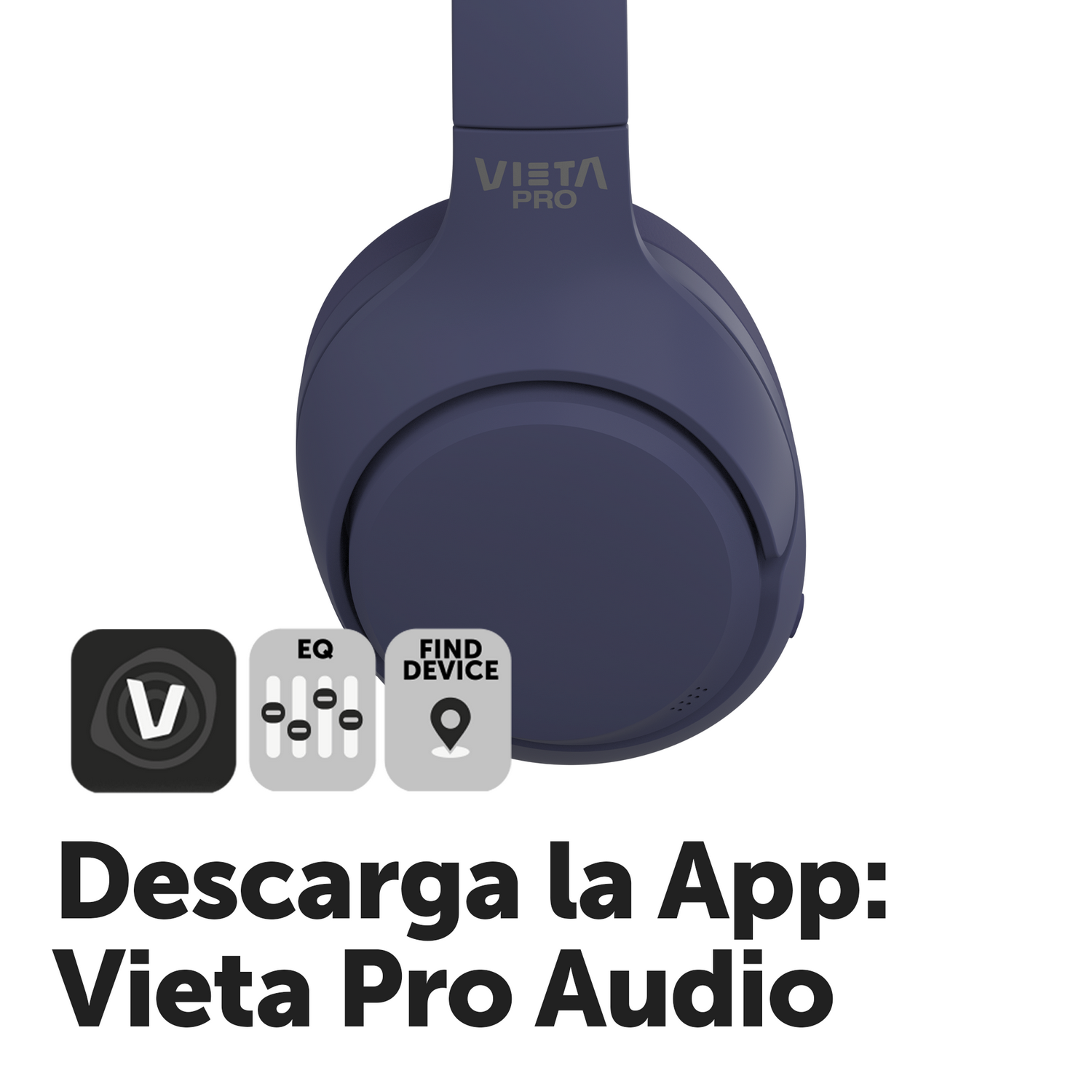 Auriculares azul oscuro. El texto dice: 'Descarga la App'. Fondo blanco.