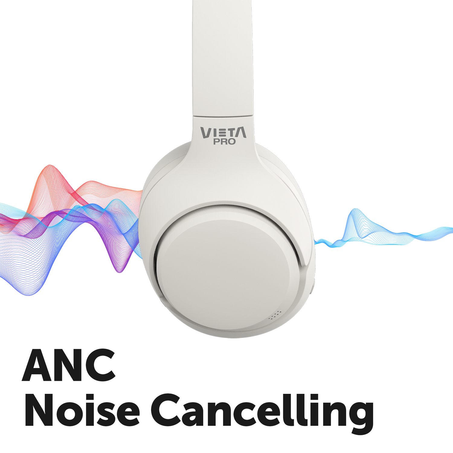 Auriculares blancos. El texto dice ANC, Cancelación de ruido. Ondas de color. Fondo blanco.