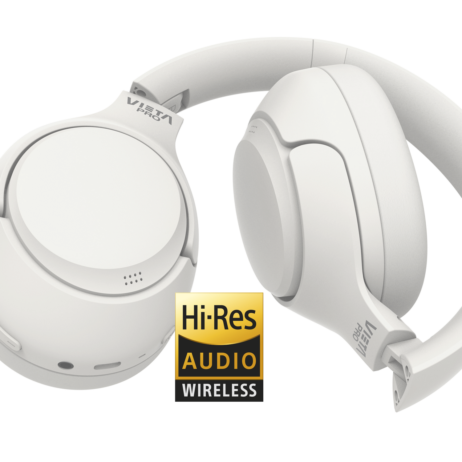 Auriculares blancos. El texto dice Hi-Res Audio Wireless. Fondo blanco.