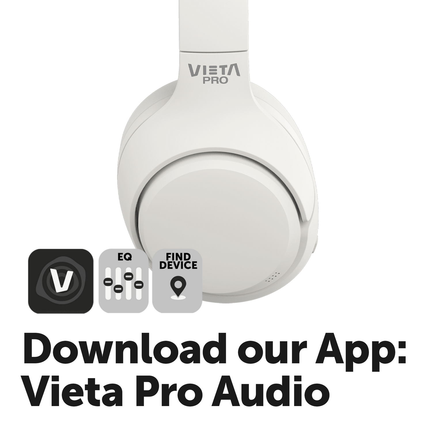Auriculares blancos Vienta Pro con iconos de aplicaciones. Texto: Descarga nuestra App: Vieta Pro Audio.