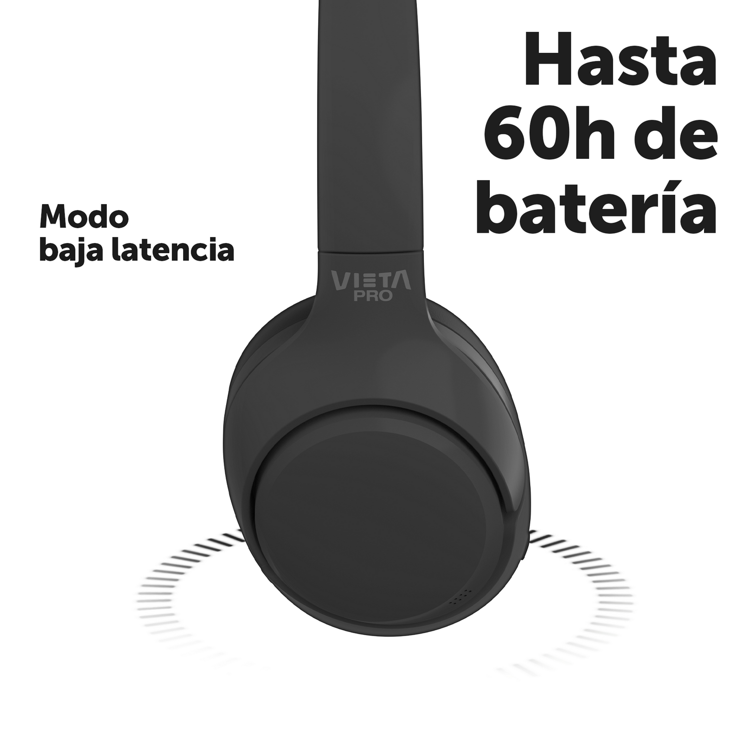 Auriculares negros con texto 'Hasta 60h de batería' y 'Modo baja latencia'. Fondo blanco.