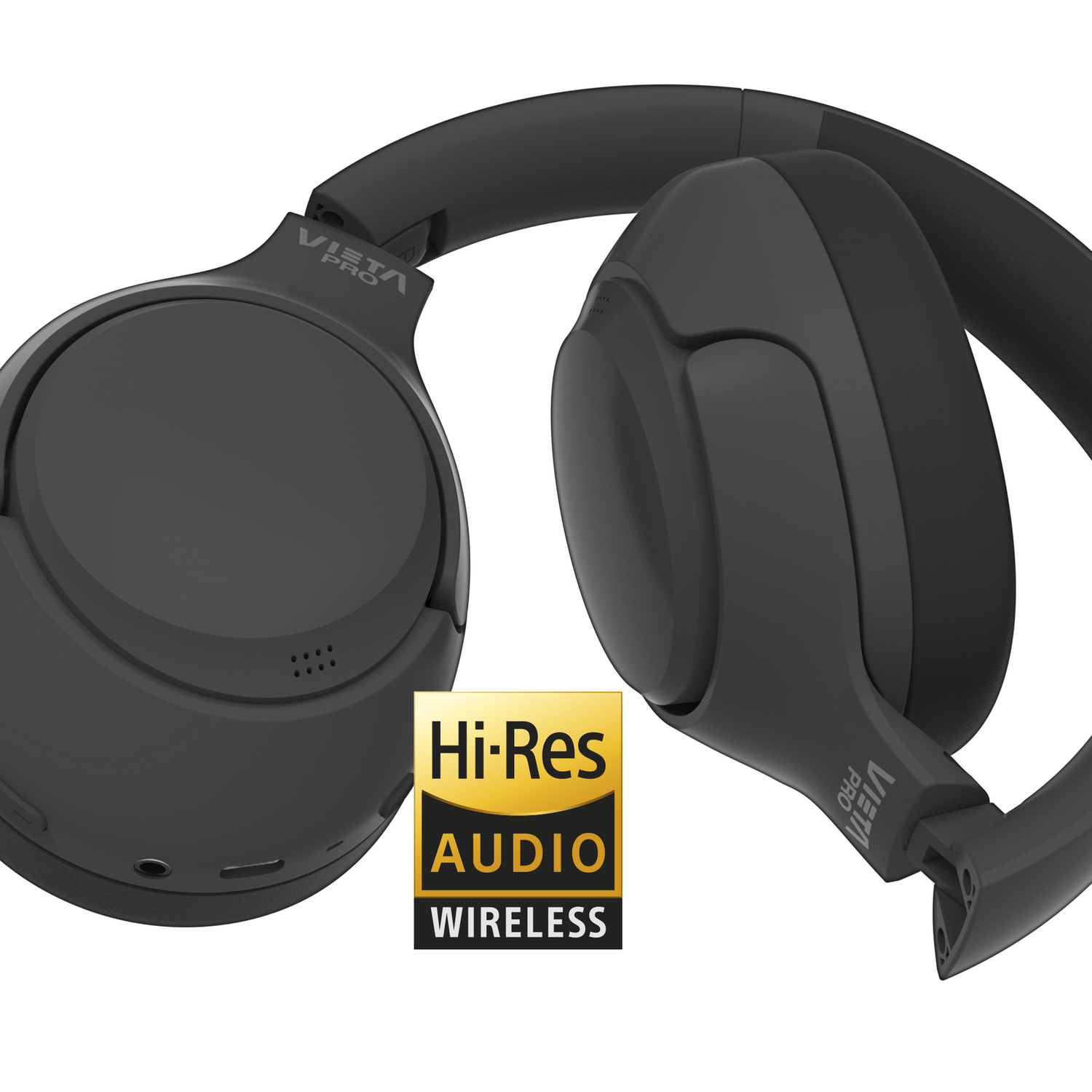 Auriculares negros con el logo 'Hi-Res AUDIO WIRELESS'. Fondo blanco.