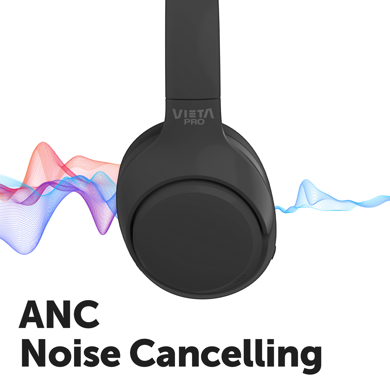 Auriculares con cancelación de ruido VETA PRO negros. Gráficos de ondas de sonido en rojo y azul junto a los auriculares.
