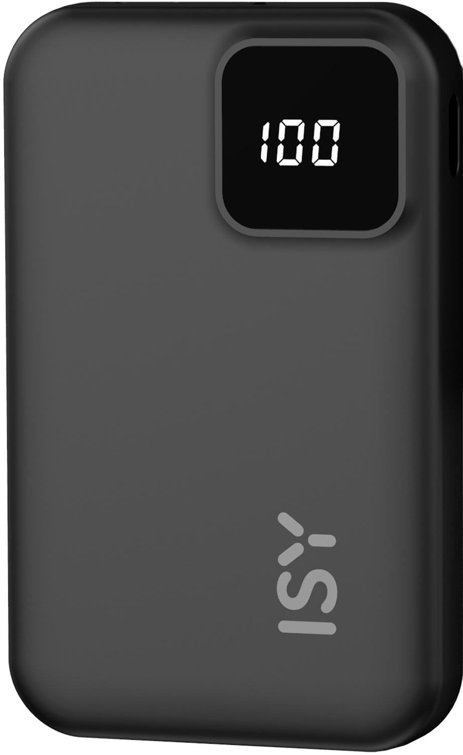 Batterie externe noire avec affichage numérique indiquant '100'. Logo 'ISY' en bas.
