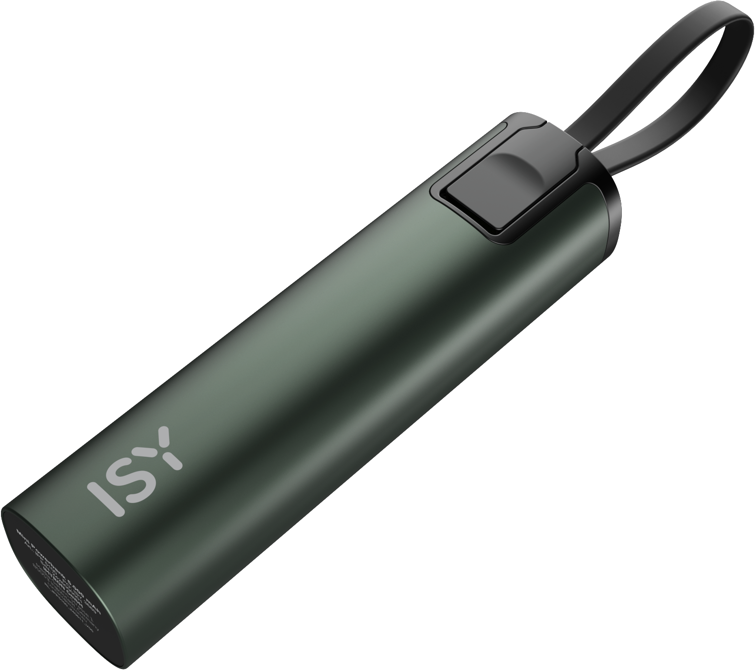 Batterie externe verte avec lanière noire. Fond blanc.
