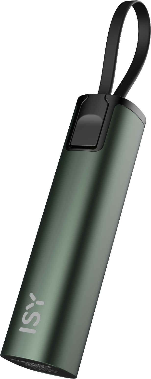 Batterie externe verte avec lanière noire. Fond blanc.