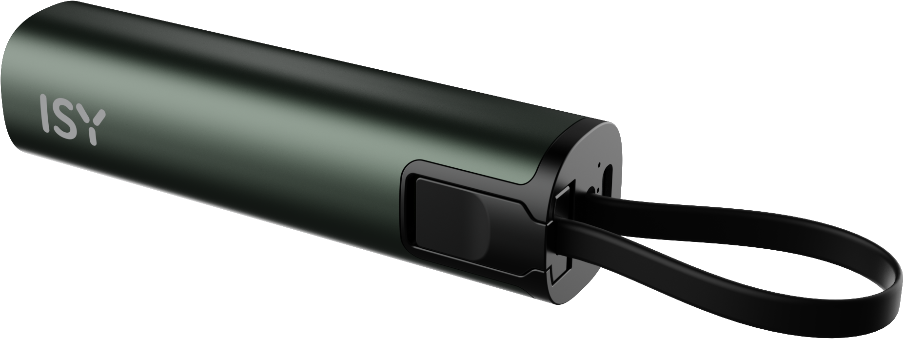 Batterie externe verte avec lanière noire. Fond blanc.