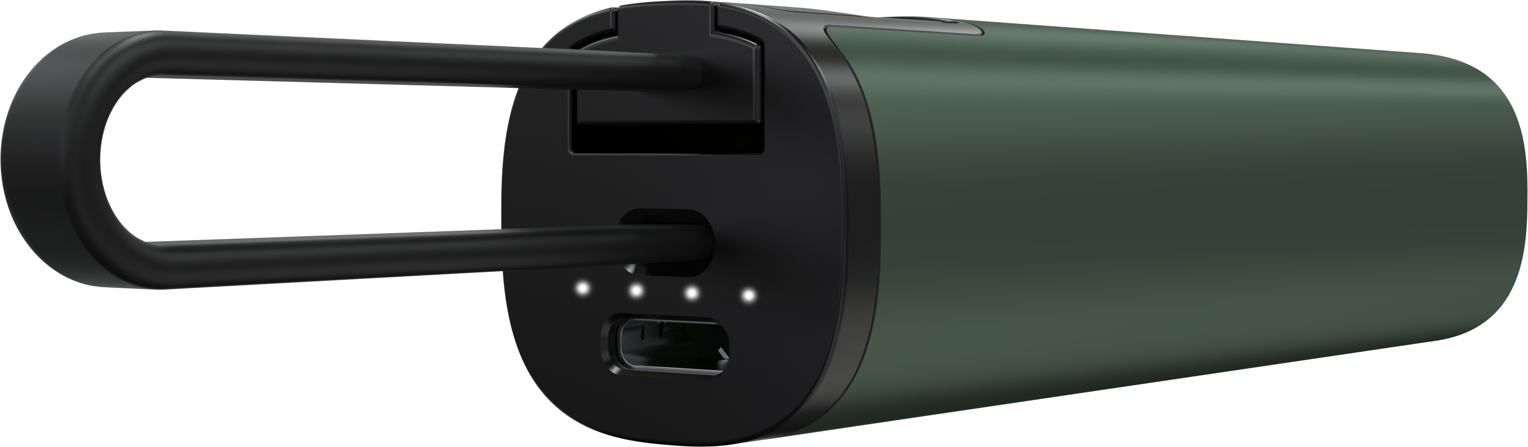 Batterie externe verte avec boucle noire, ports et trois lumières LED blanches.