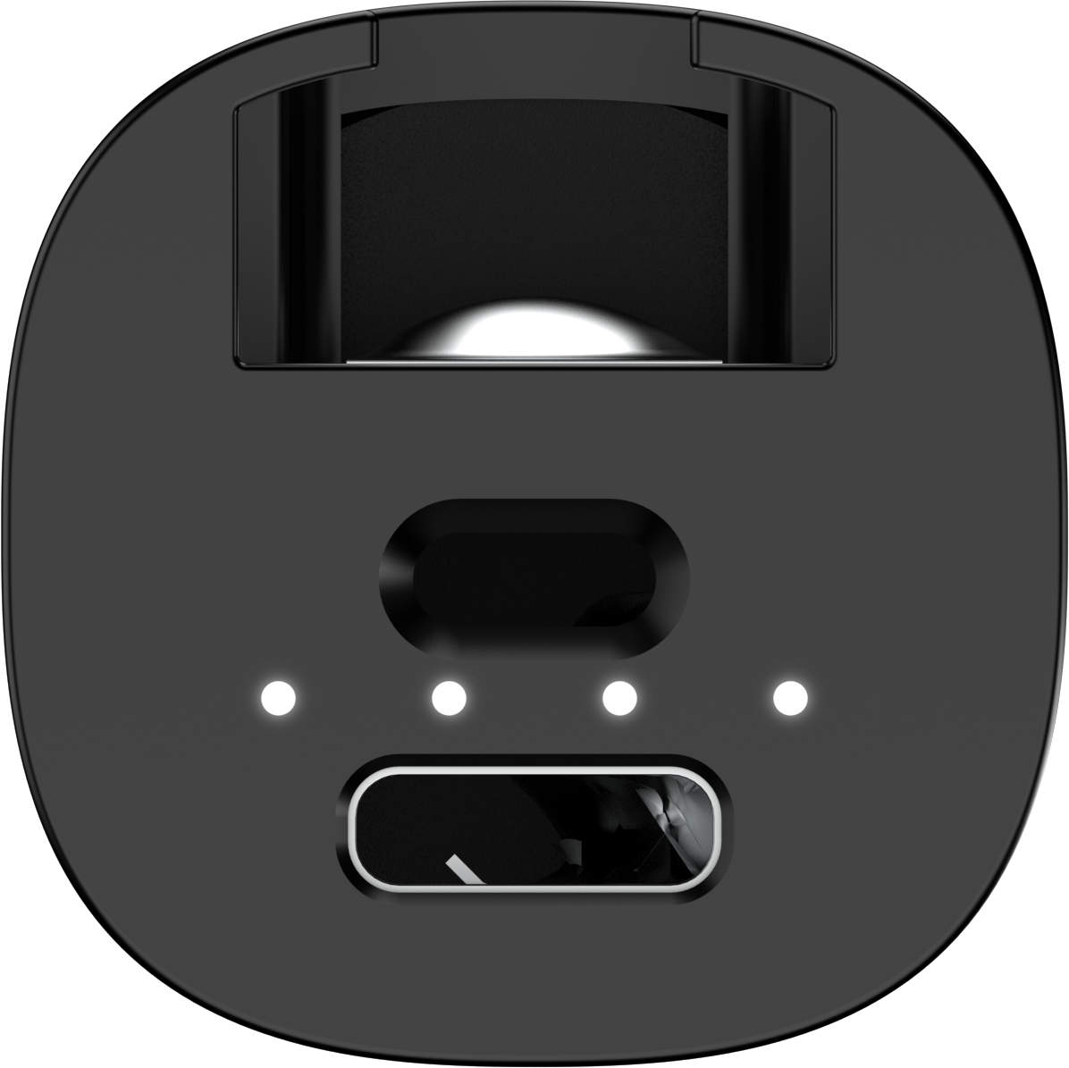 Vue de dessus d'une batterie externe noire avec ports et quatre LED blanches.