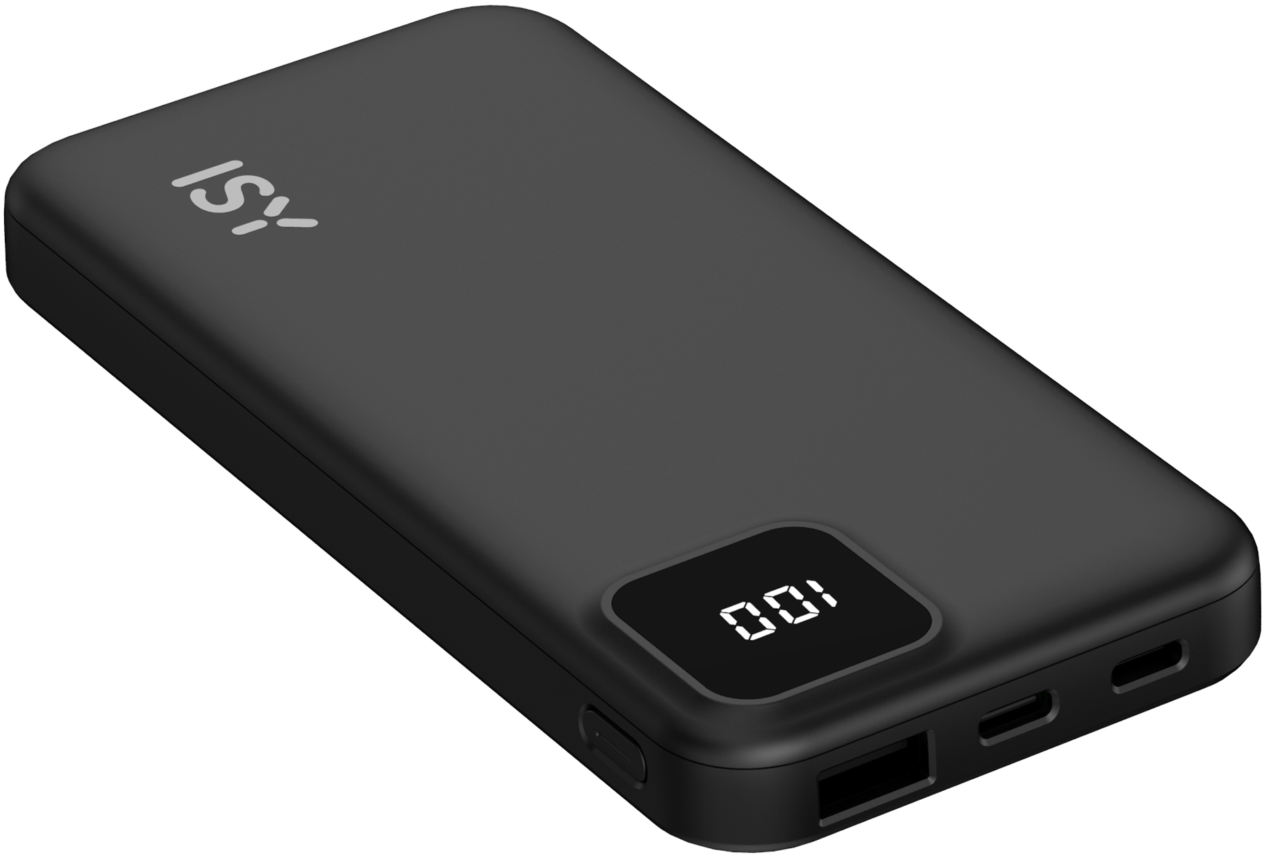 Power bank nero con display che mostra 100, con logo ISY sul lato.