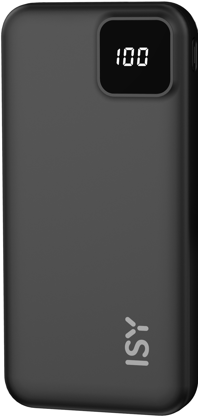 Power bank nero con display 100, logo ISY in basso.
