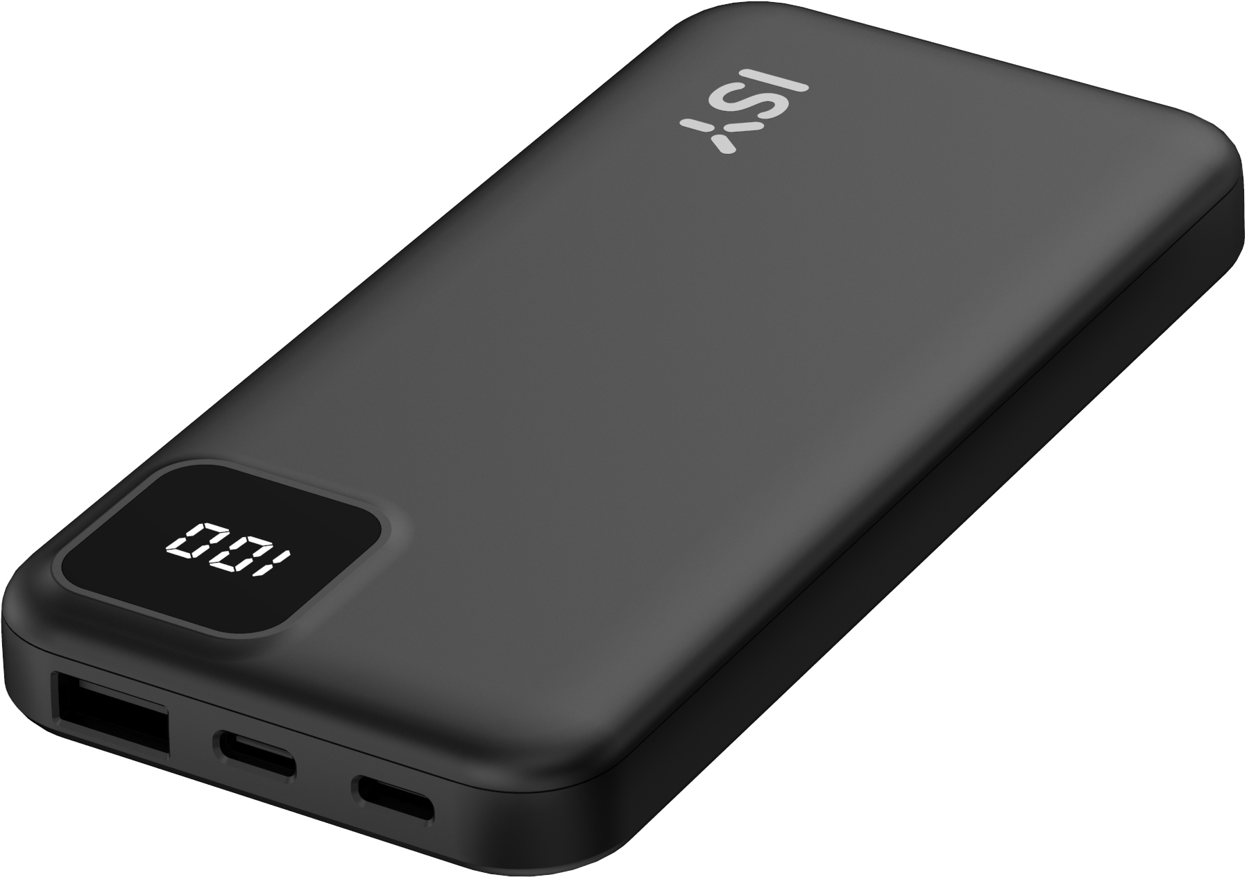 Power bank nero con display 100, logo ISY e porte sul lato.