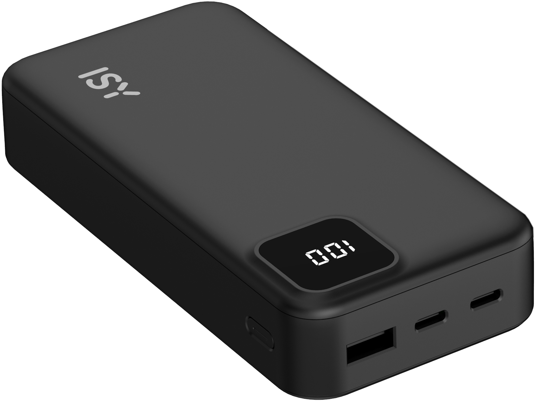 Power bank nero con display 100, logo ISY e porte sul lato.