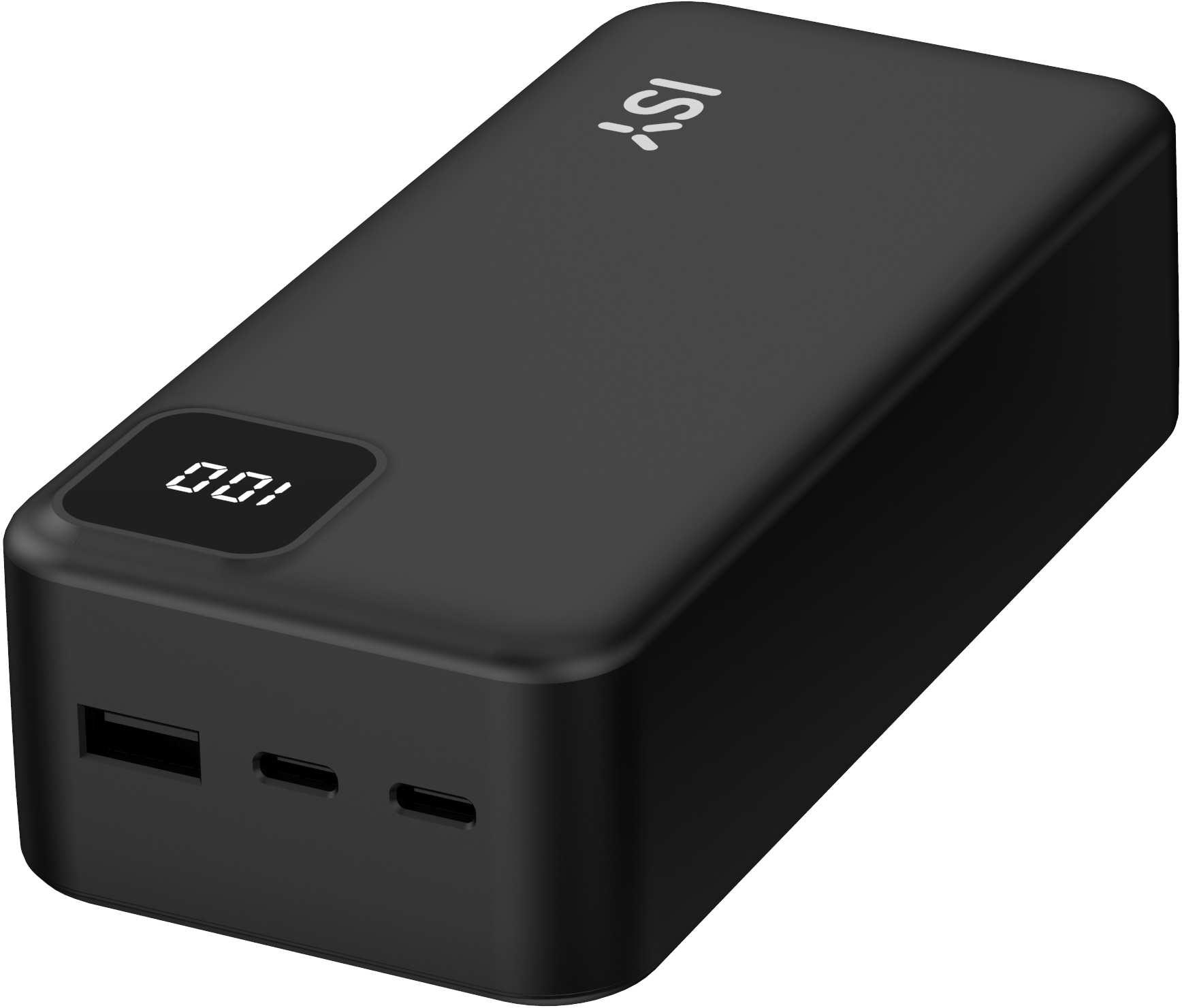 Power bank nero con display 100, logo ISY e porte sul lato.