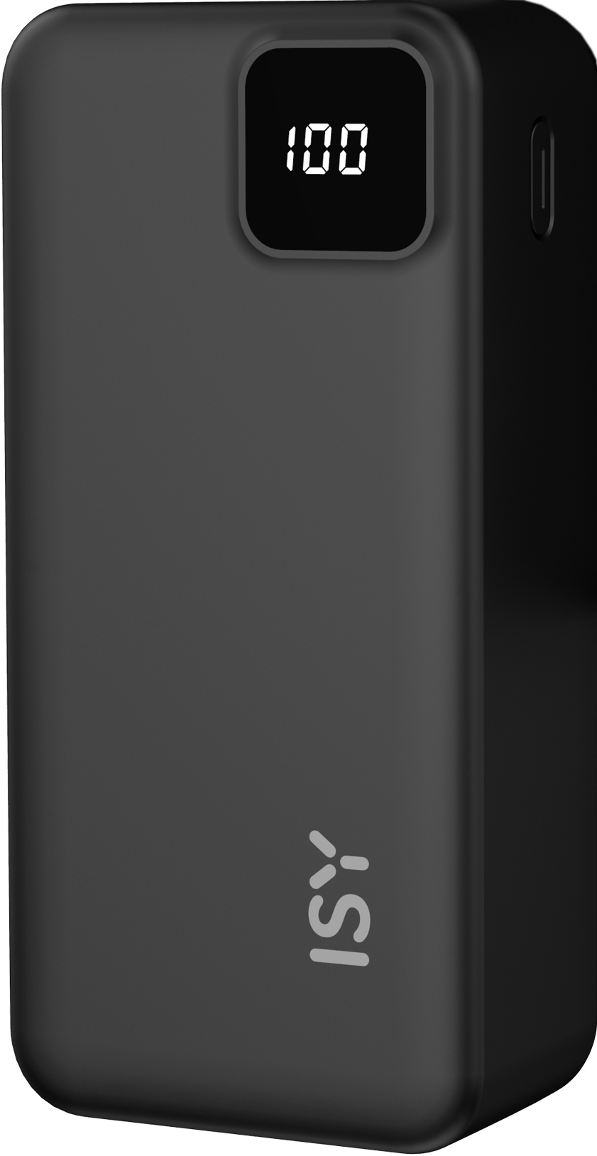 Power bank nero con display 100, logo ISY e pulsante di accensione.
