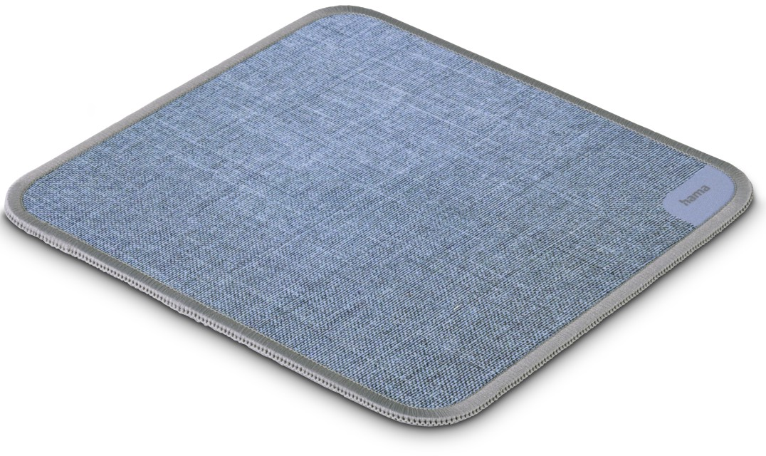 Blau-graues Mousepad mit genähtem Rand und dem 'hama'-Logo.
