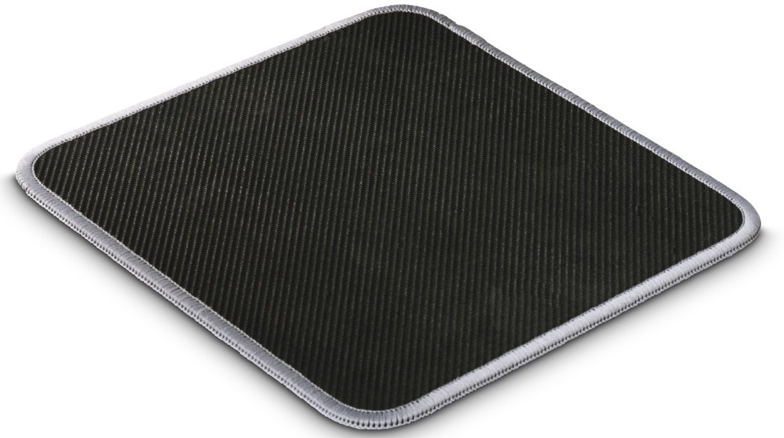 Schwarzes Mousepad mit genähtem Rand und silbernem Rand.