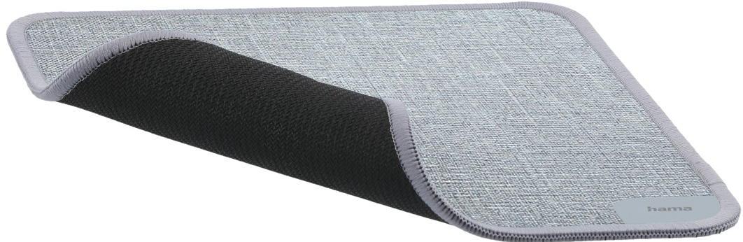 Mousepad mit blauem Stoff oben und schwarzer Unterseite. Grau genähter Rand.
