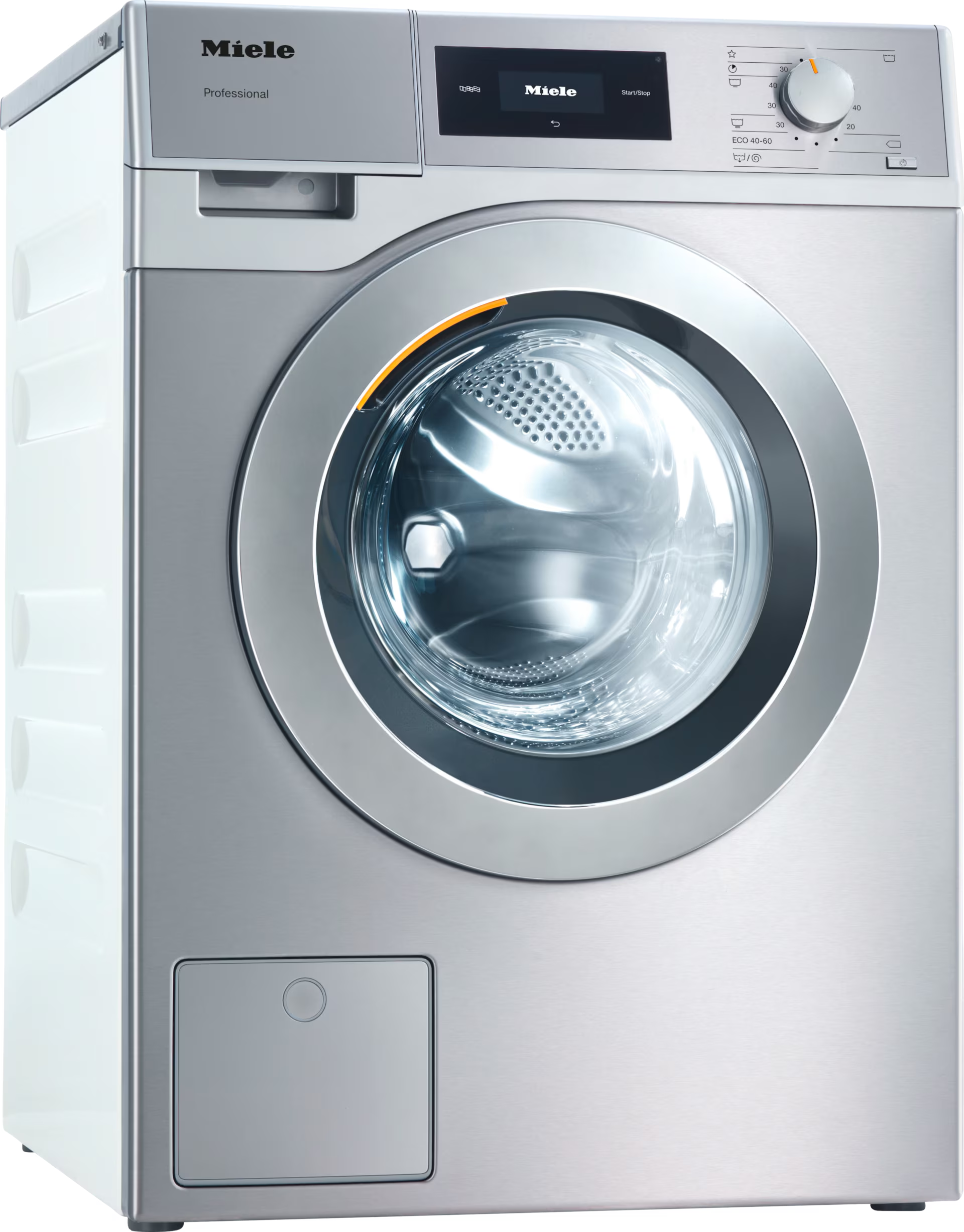 Edelstahl Miele Profi-Waschmaschine auf weißem Hintergrund.