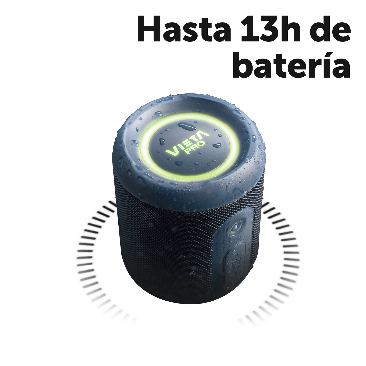Un altavoz azul con un anillo de luz verde encima. Texto: 'Hasta 13h de batería'.