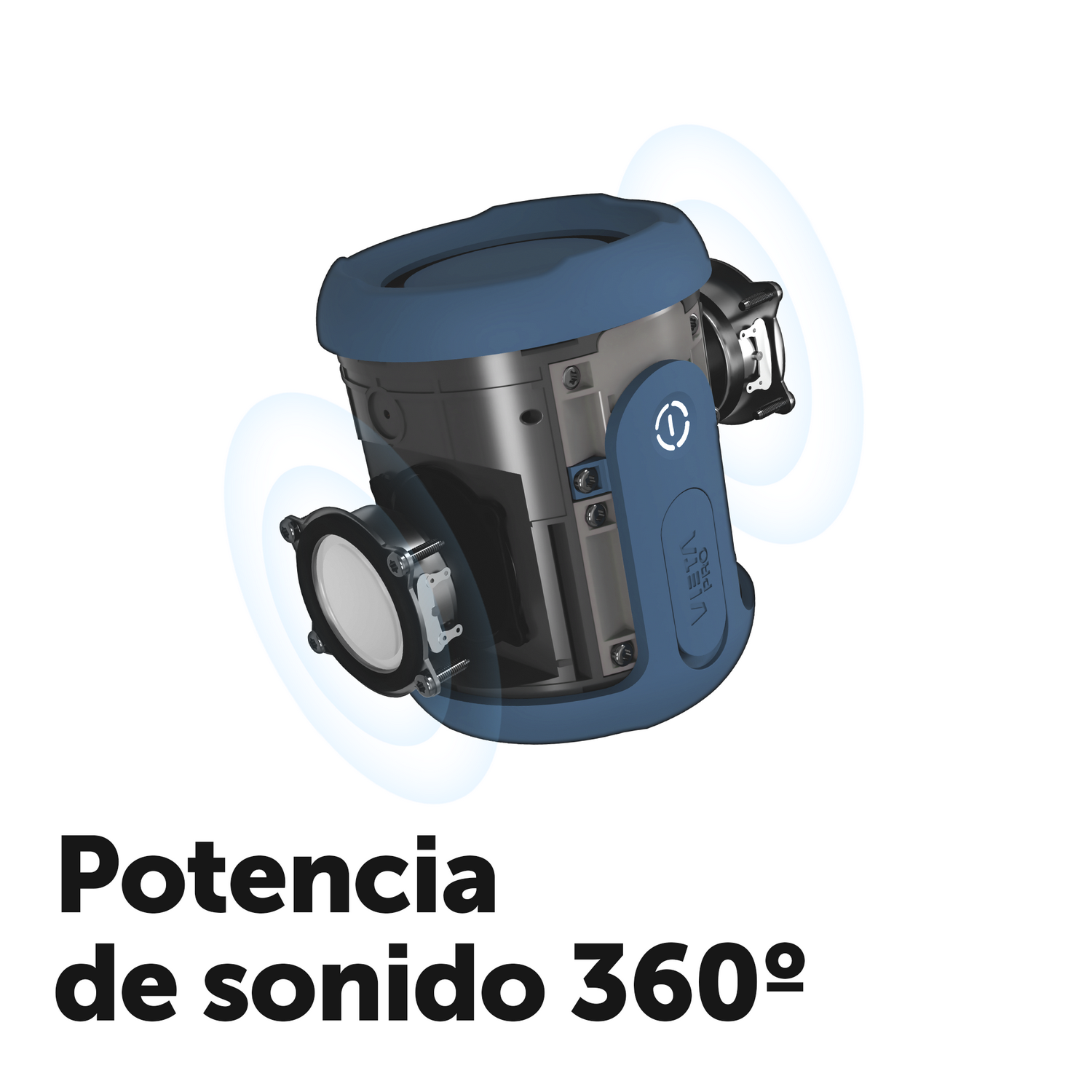 Potencia de sonido 360°. Caja de altavoz azul y negro.