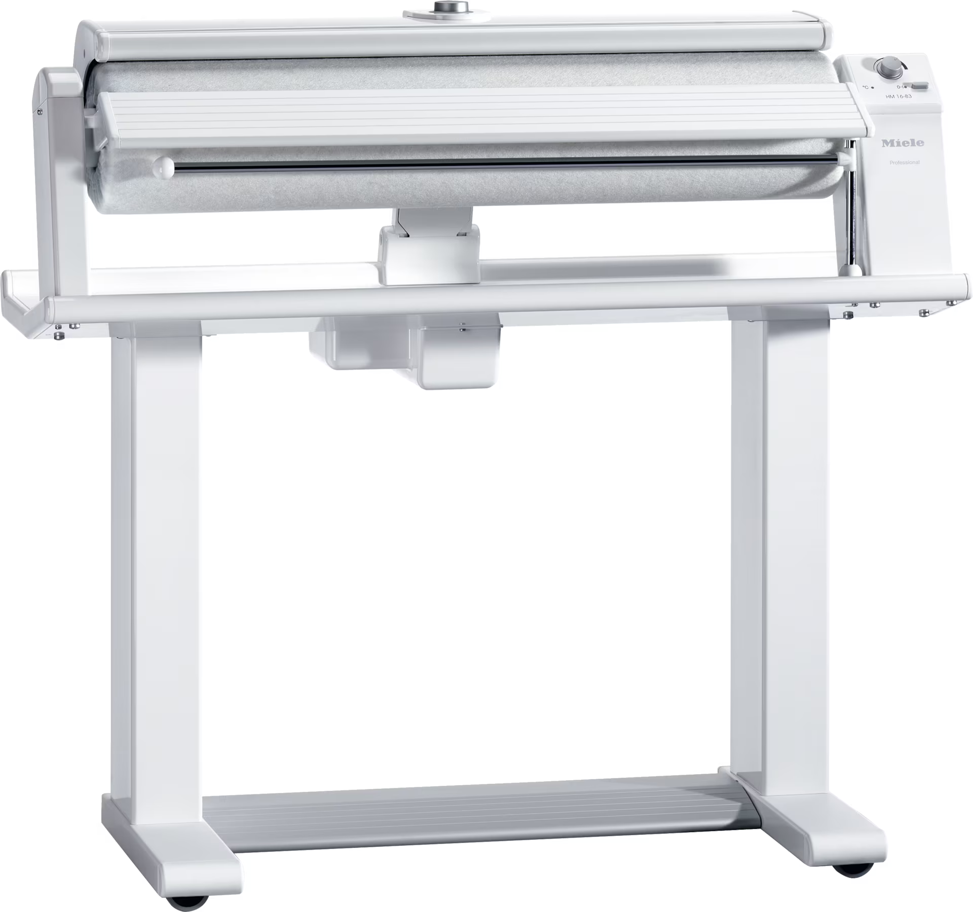 Eine weiße Bügelmaschine mit einer Walze und einem Bedienfeld. Die Maschine steht auf einem weißen Boden.