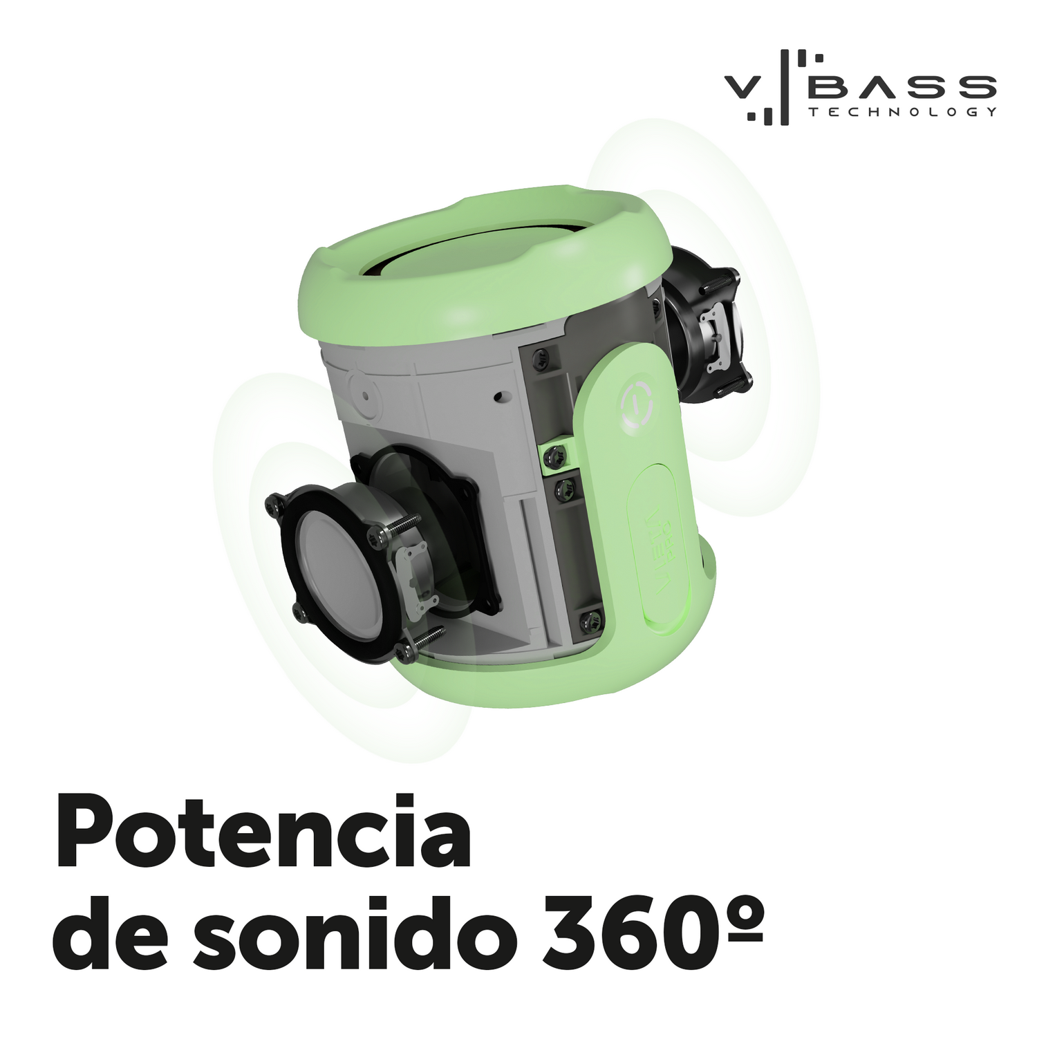 Un altavoz verde y gris con texto 'VI BASS TECHNOLOGY'.