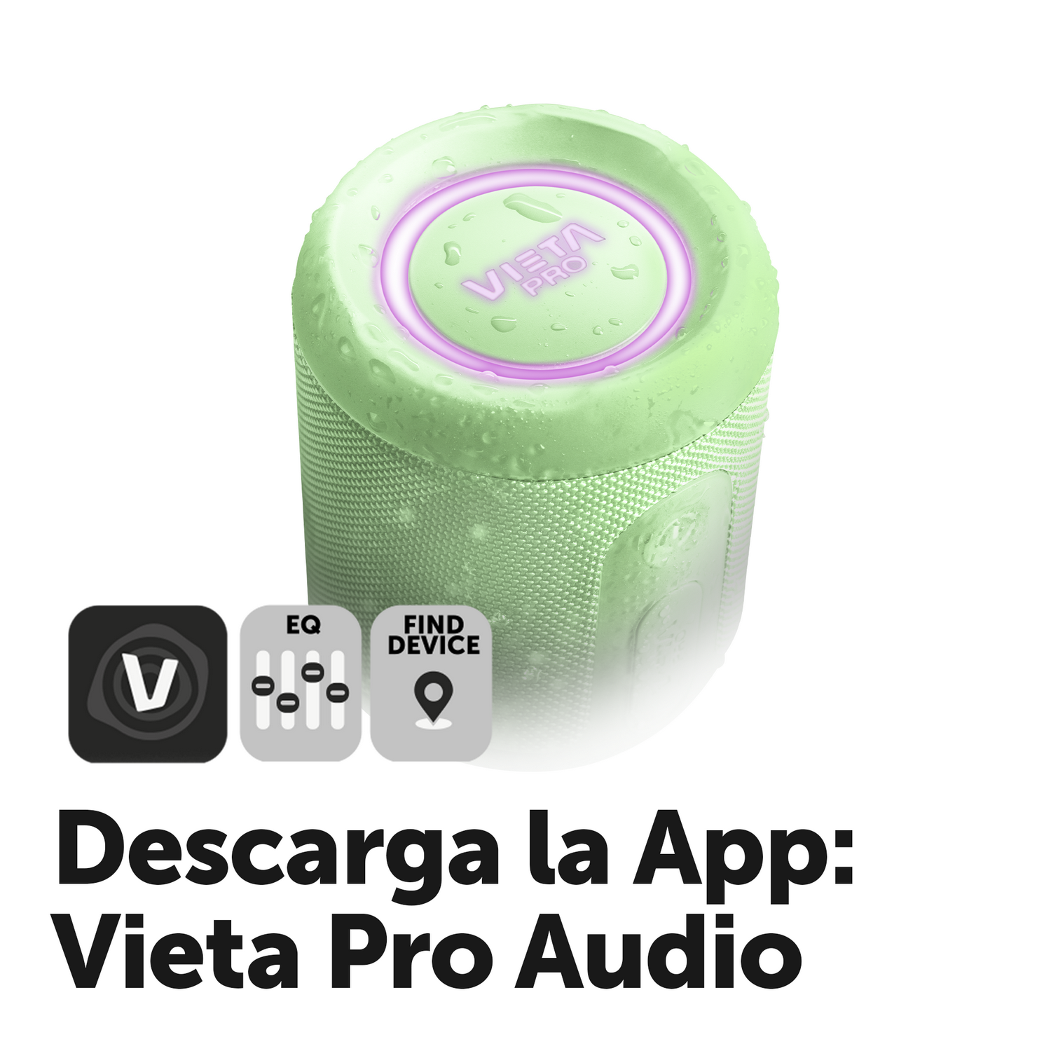 Un altavoz portátil Vieta Pro verde claro con un anillo morado y un icono de aplicación con texto.
