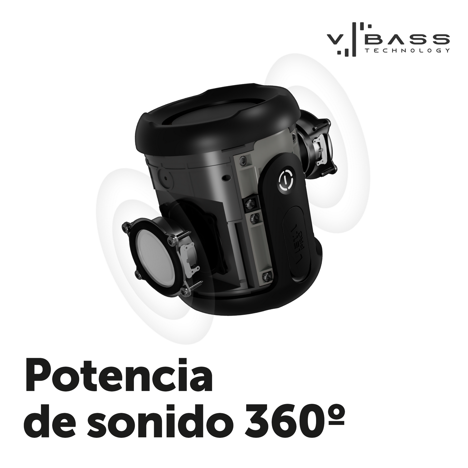 Una vista explosionada de un altavoz verde con componentes negros y grises y las palabras ViBass Technology.