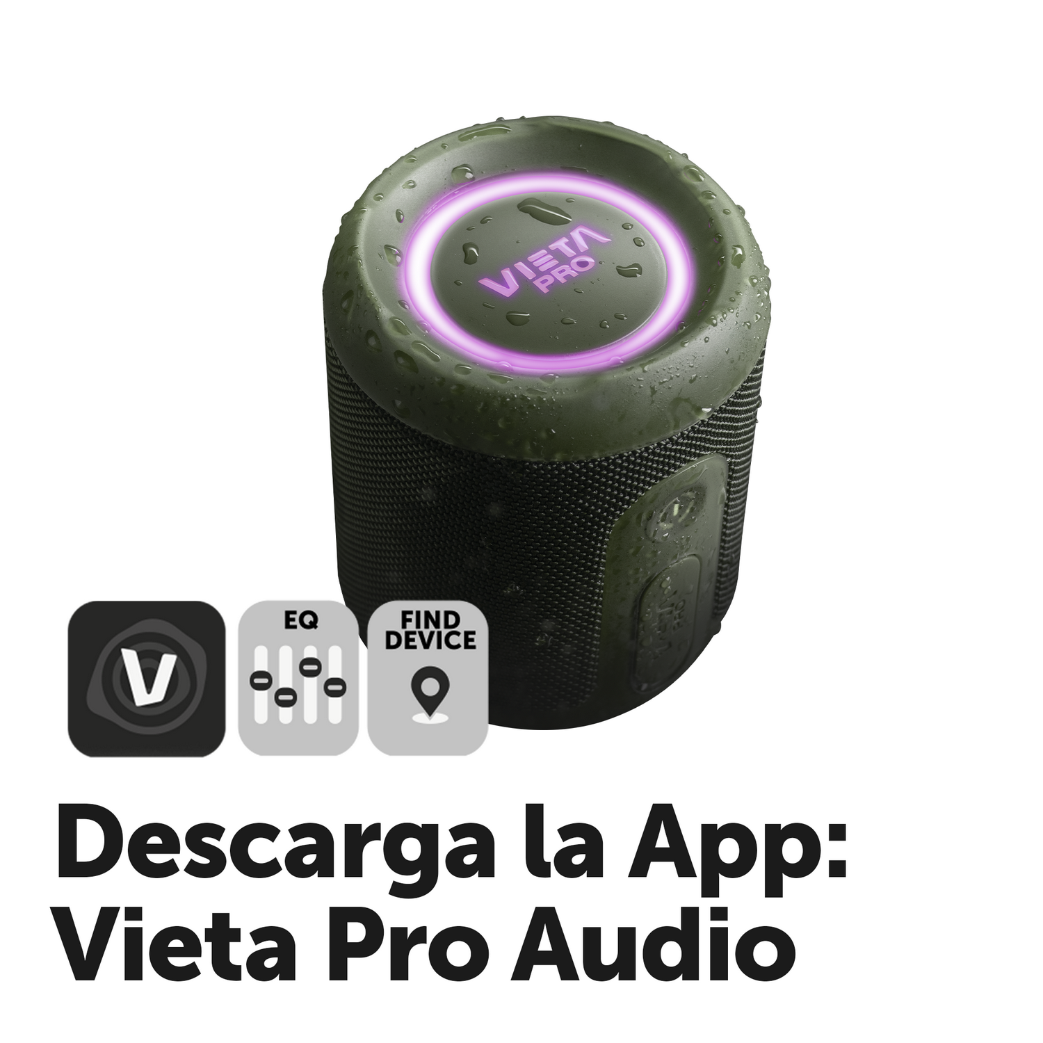 Altavoz verde con anillo de luz púrpura. Iconos de control: volumen, ecualizador, buscar dispositivo.