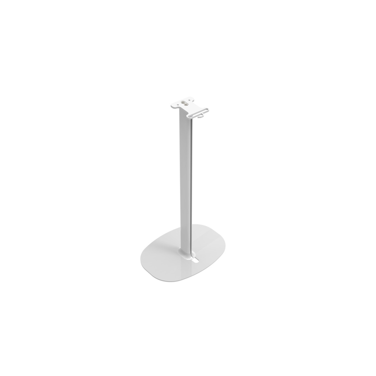 White speaker stand, a vertical pole on an oval base, white background.