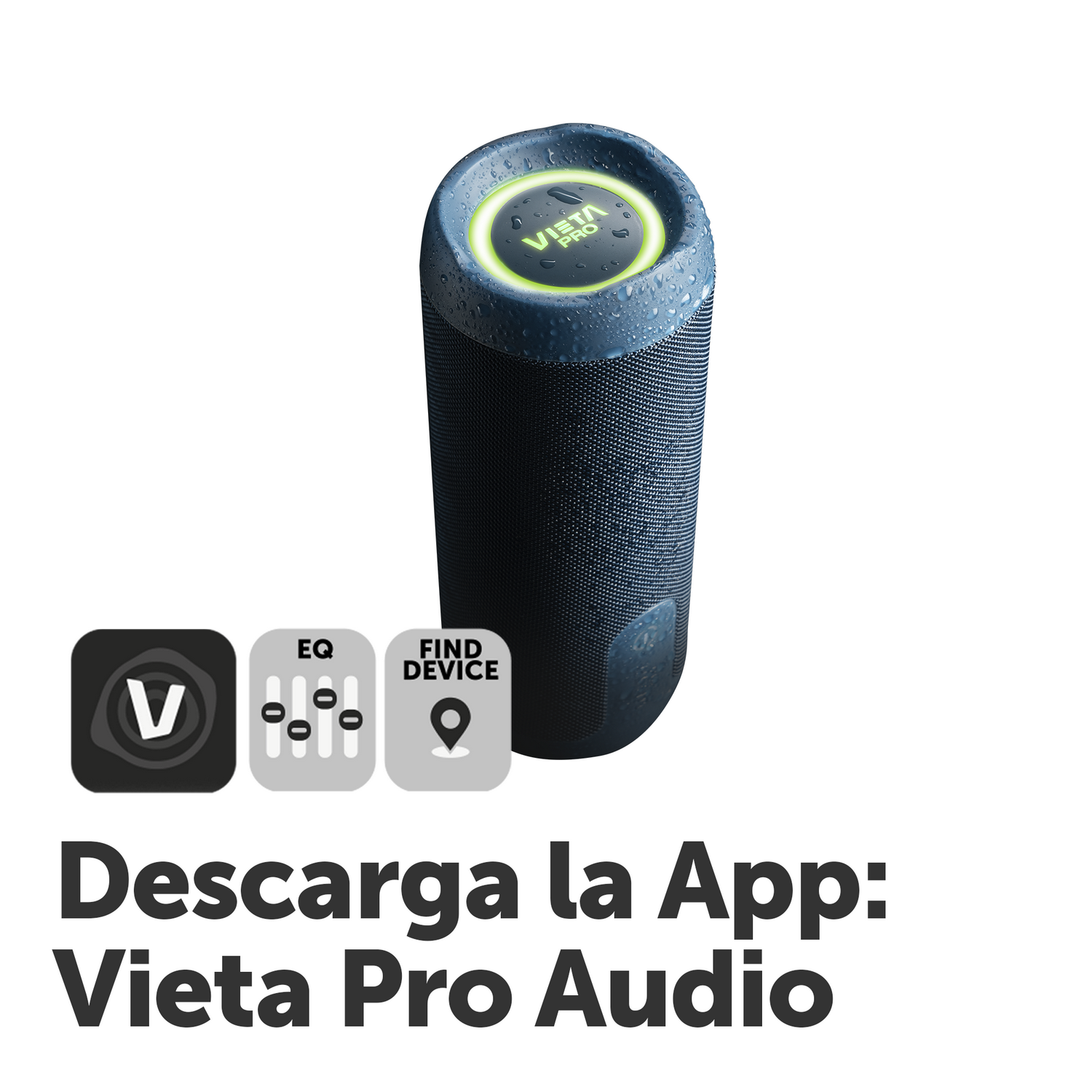 Altavoz cilíndrico negro y azul con parte superior brillante y tres iconos.