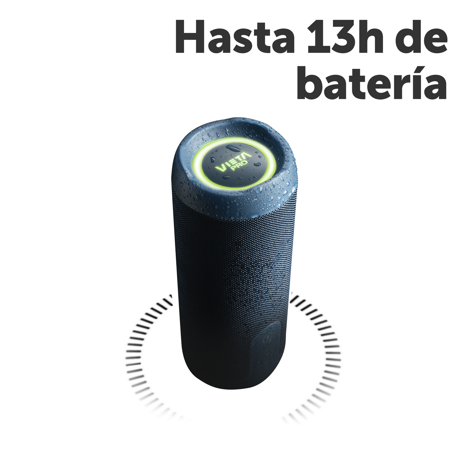 Altavoz cilíndrico negro y azul con parte superior iluminada y círculo de sombra.