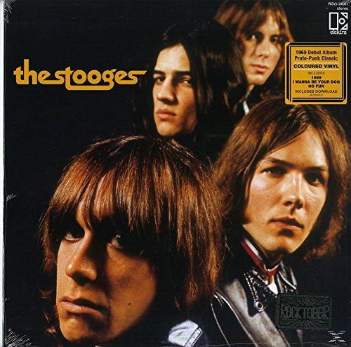 A The Stooges album borítója négy férfival. Sárga szöveg fekete háttéren.