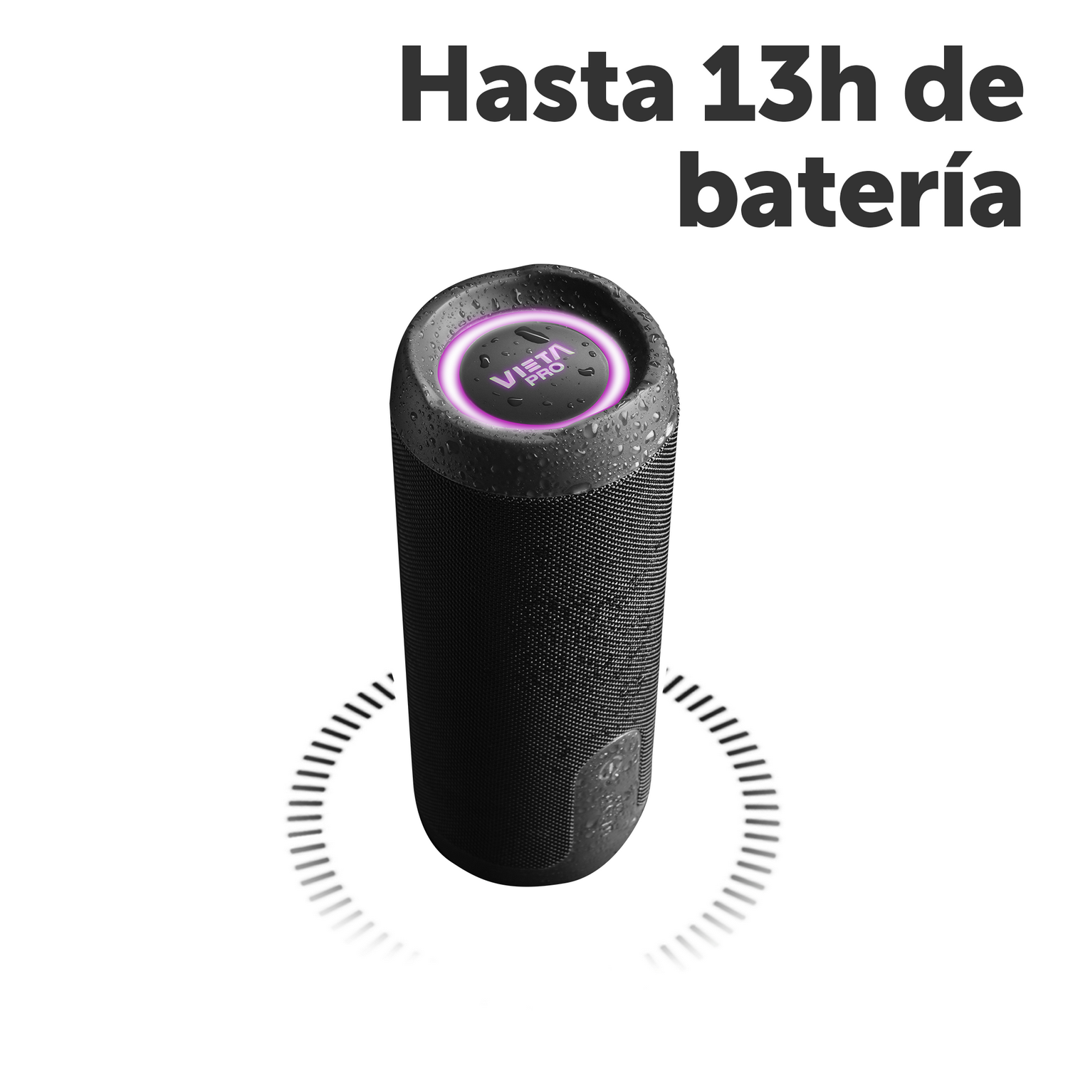Altavoz cilíndrico negro y azul con parte superior iluminada y círculo de sombra.