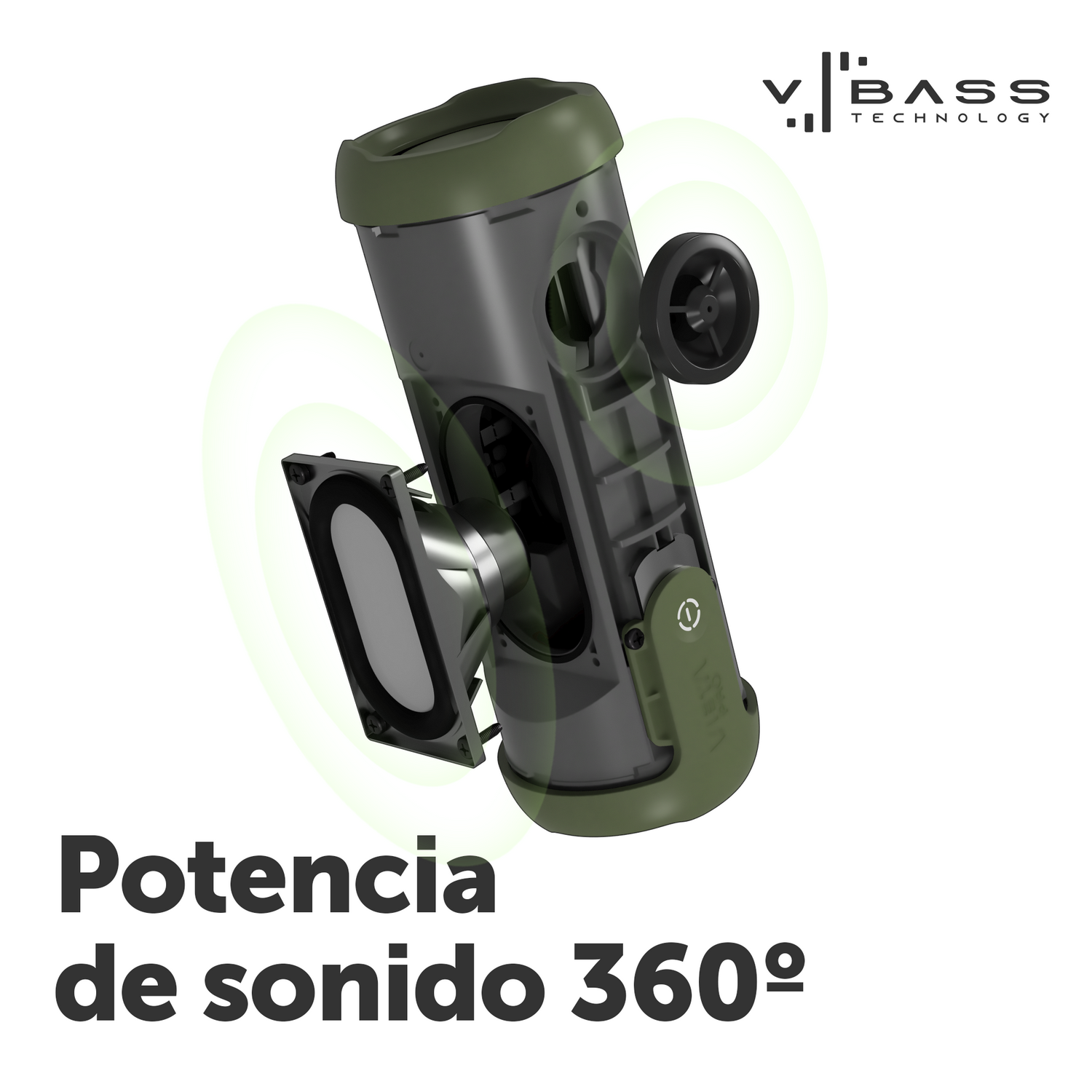 Altavoz, verde oliva, con un corte que muestra componentes internos y texto.