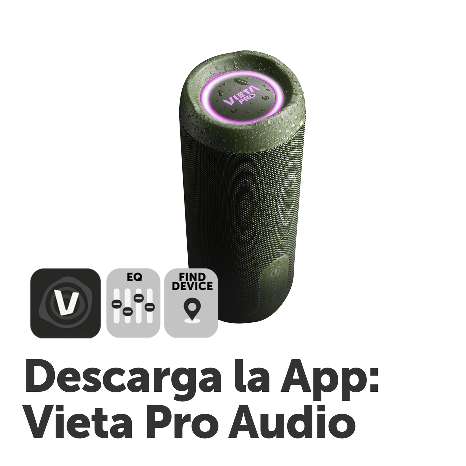 Altavoz verde oliva con parte superior iluminada y tres iconos de aplicaciones, fondo blanco.