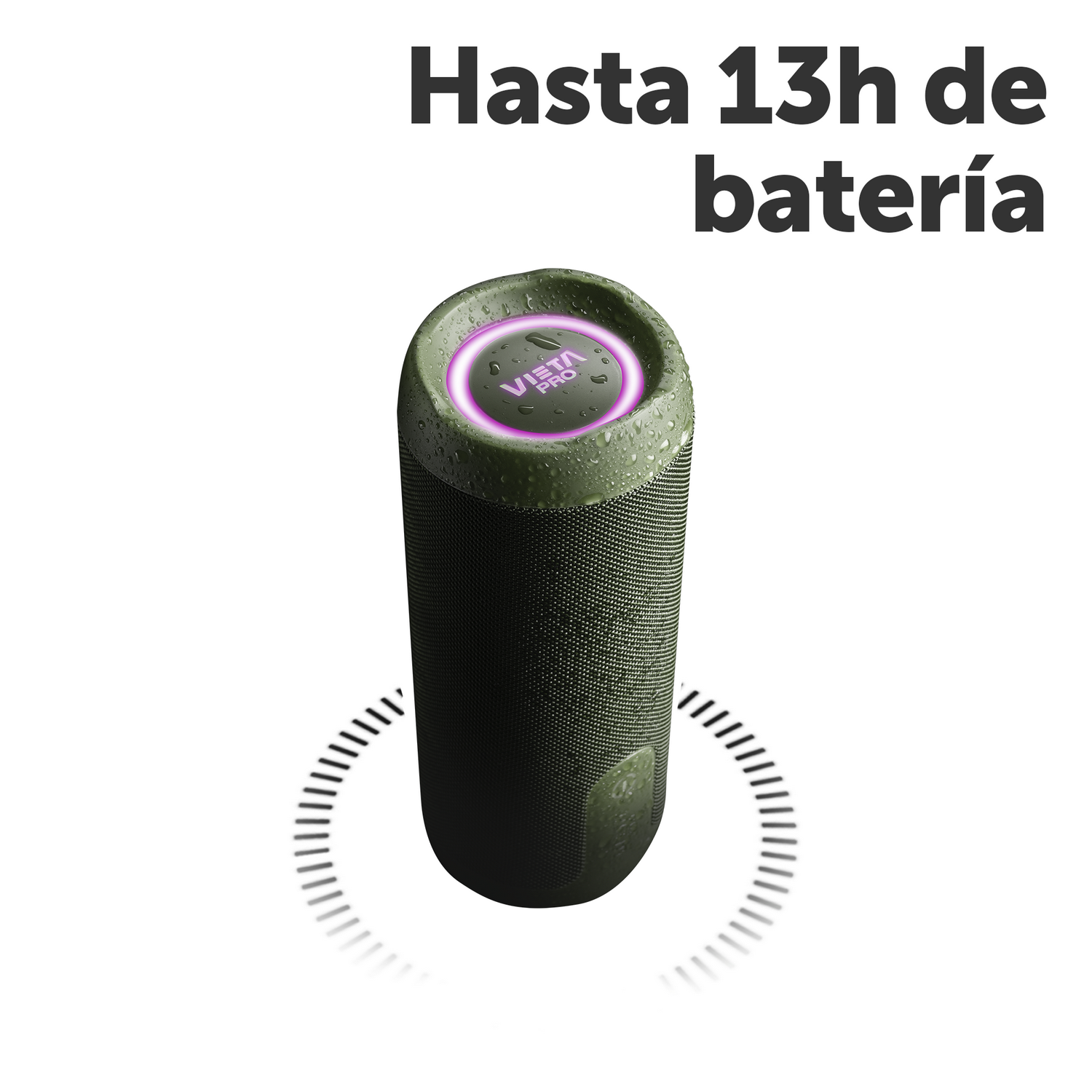 Altavoz verde oliva con parte superior iluminada, fondo blanco, texto sobre duración de la batería.