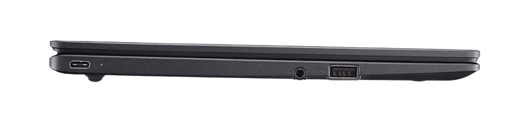 Vista lateral de un portátil negro con puertos. Puertos USB, jack de audio y USB-C son visibles.