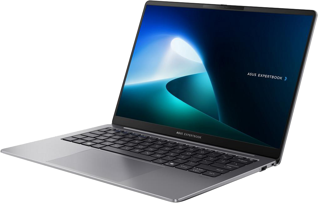 Nyitott fedelű laptop, hátulnézet. Az ezüst színű hátlapon az ASUS ExpertBook logó látható.