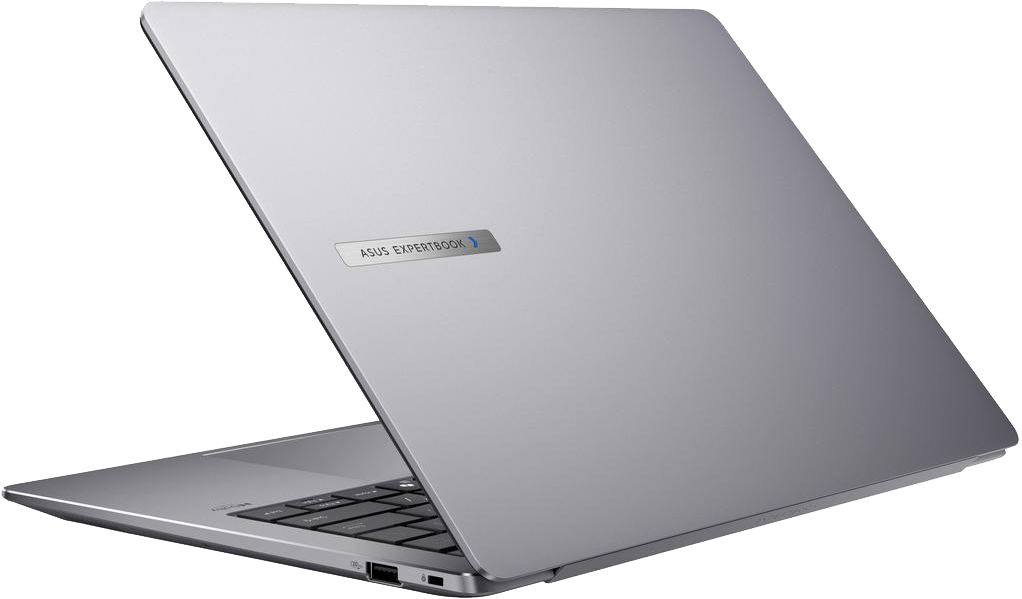 Nyitott fedelű laptop, hátulnézet. Az ezüst színű hátlapon az ASUS ExpertBook logó látható.