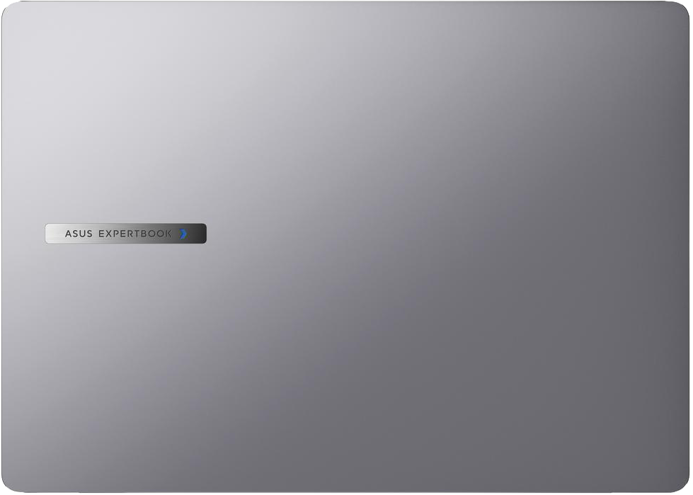 Egy laptop szürke hátlappal. Az ASUS EXPERTBOOK matrica a bal felső sarokban található.