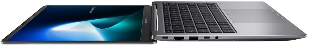 Egy laptop kék színátmenetet és billentyűzetet mutató képernyővel. A laptop nyitva van, a képernyőt és a billentyűzetet egymás mellett mutatja.
